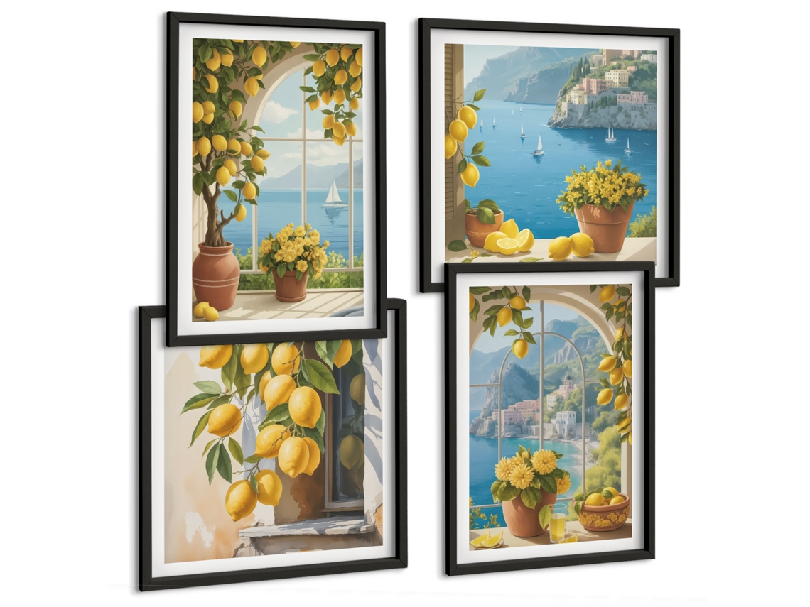 Composição De Quadros Ruas Charmosas Da Cidade Portuária Moldura Preta Quadros Para A Sala De Estar Espelharte (conjunto De 4 Imagens)