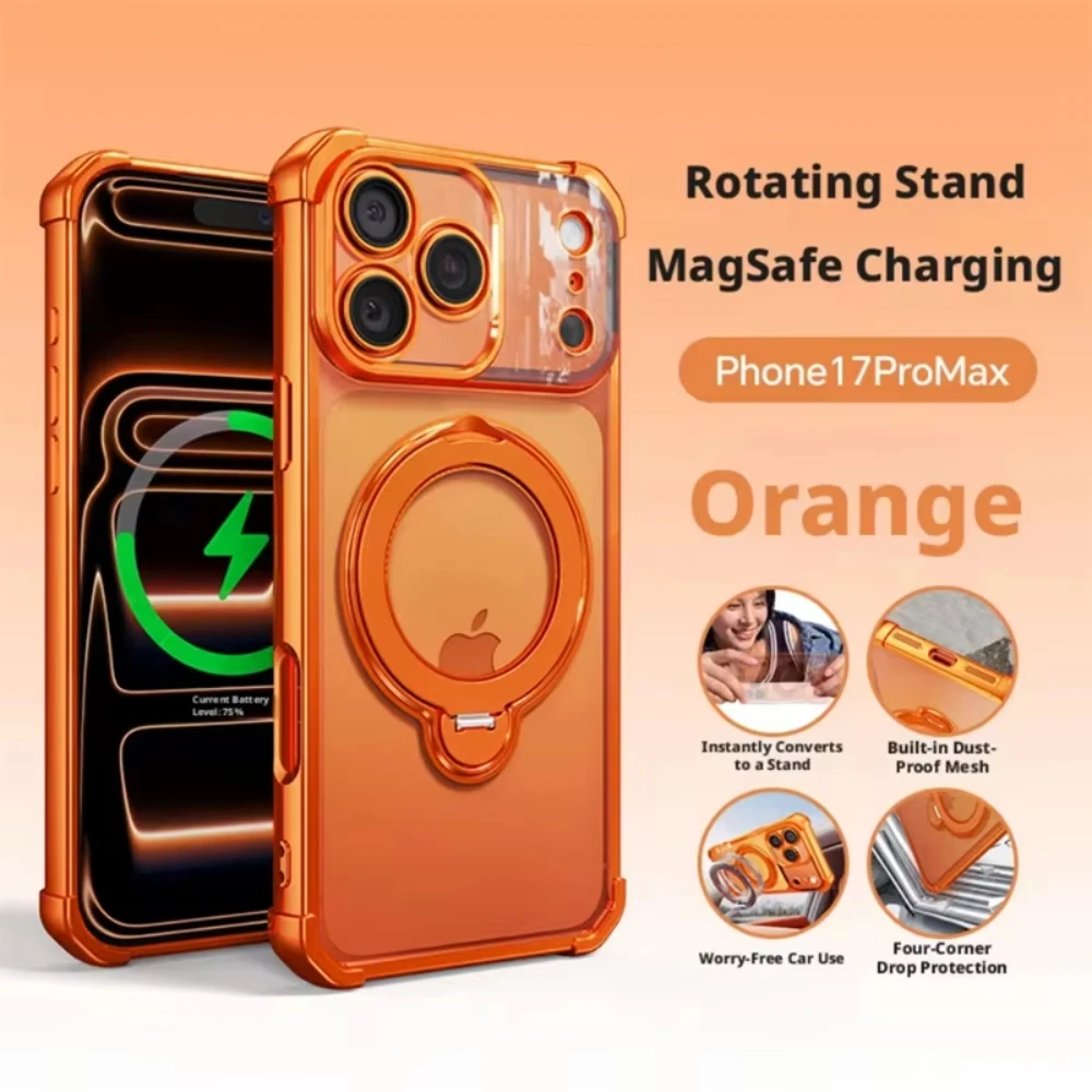 Capa Para Celular Com Suporte (laranja Para Iphone 16), Compatível Com Interface Magnética, Resistente A Choques E Quedas.