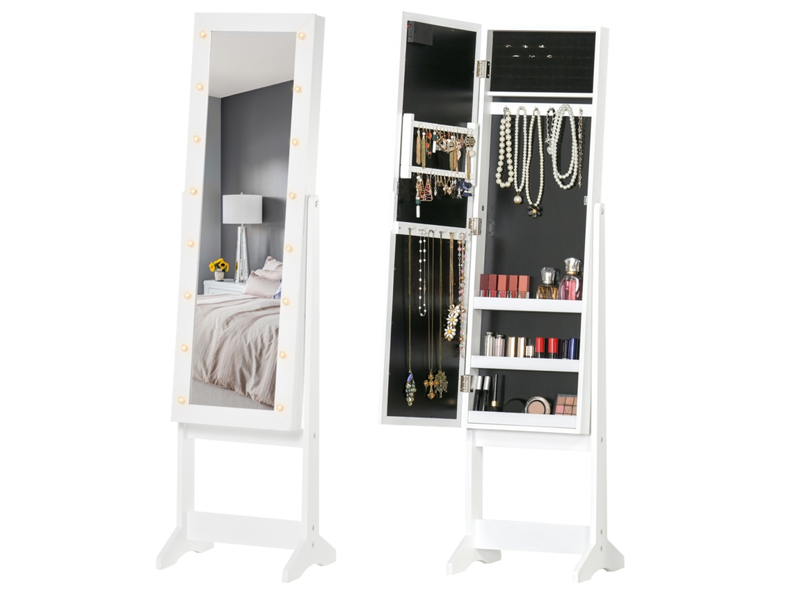 Armário porta joias com espelho ajustável e luz LED, 36x30x136cm BTFORUS