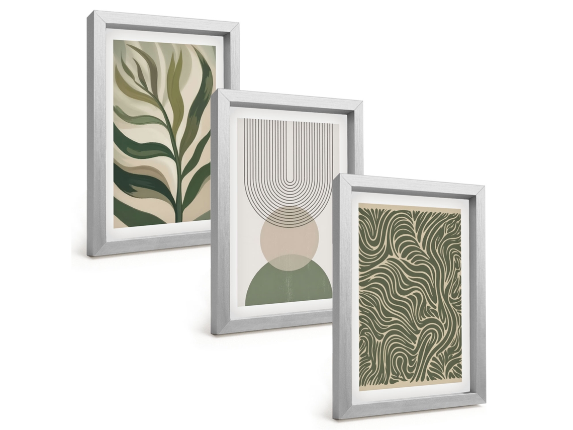 Galeria De Pinturas Muraisfolhas Com Formas Geométricas Moldura Prateada Fotos Para O Escritório Espelharte (3 Peças 20x30 Cm)