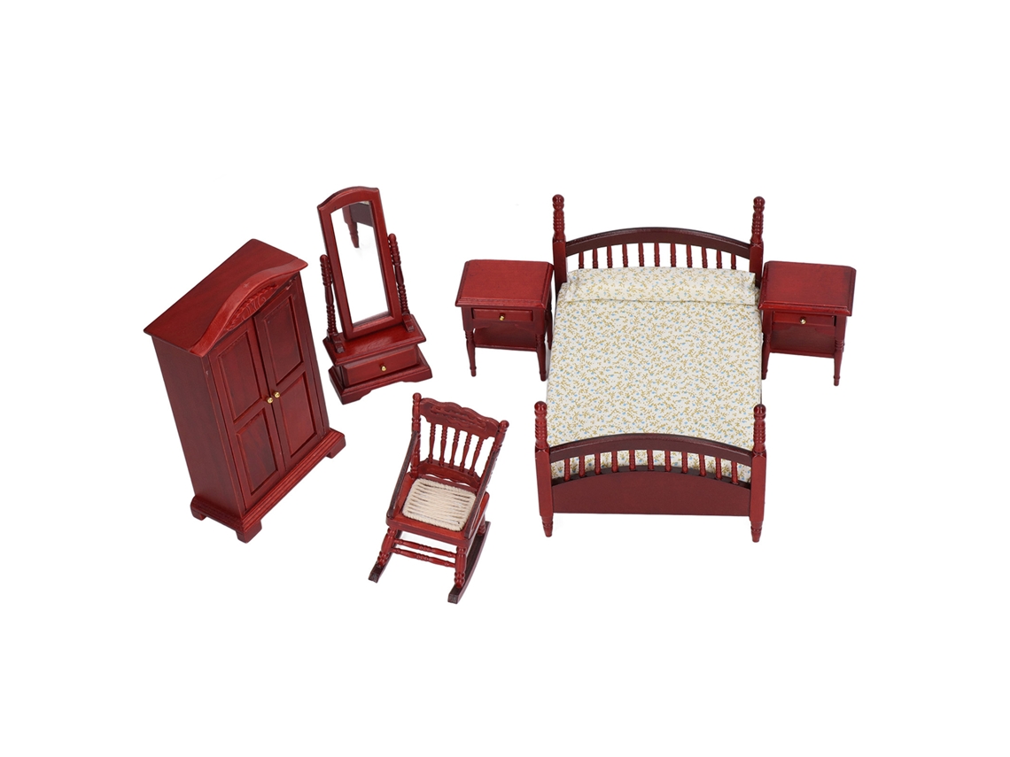 Mali 6pcs Conjunto Mobília de Quarto em Miniatura de Madeira Vintage para Casinha de Bonecas 1:12