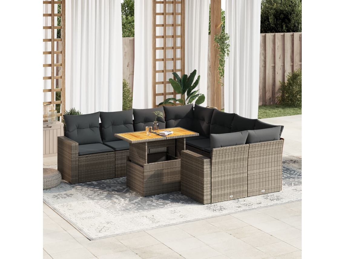 Vidaxl 9 Pcs Conjunto Sofás P/ Jardim Com Almofadões Vime Pe Cinzento