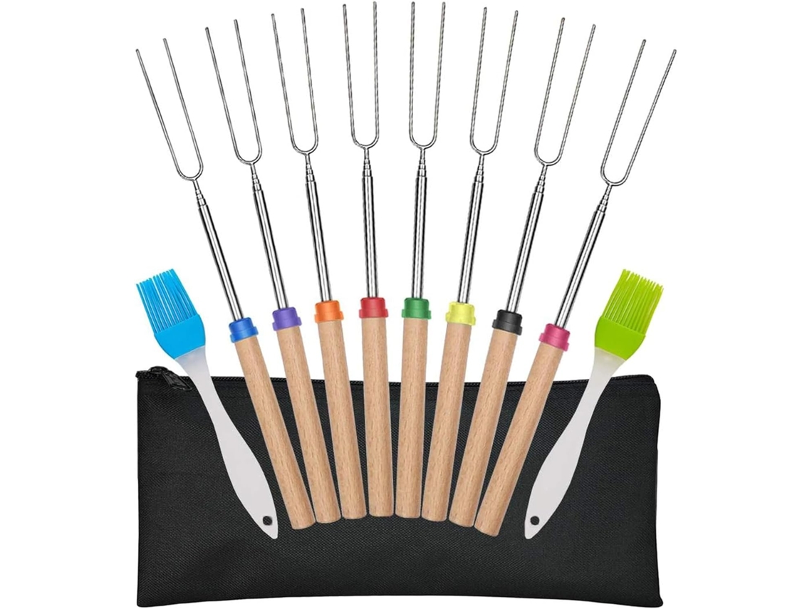 Conjunto De 8 Espetos Extensíveis Em Aço Inoxidável Com Cabos Madeira Para Fogueiras E Lareiras, Multicoloridos, Com 2 Escovas