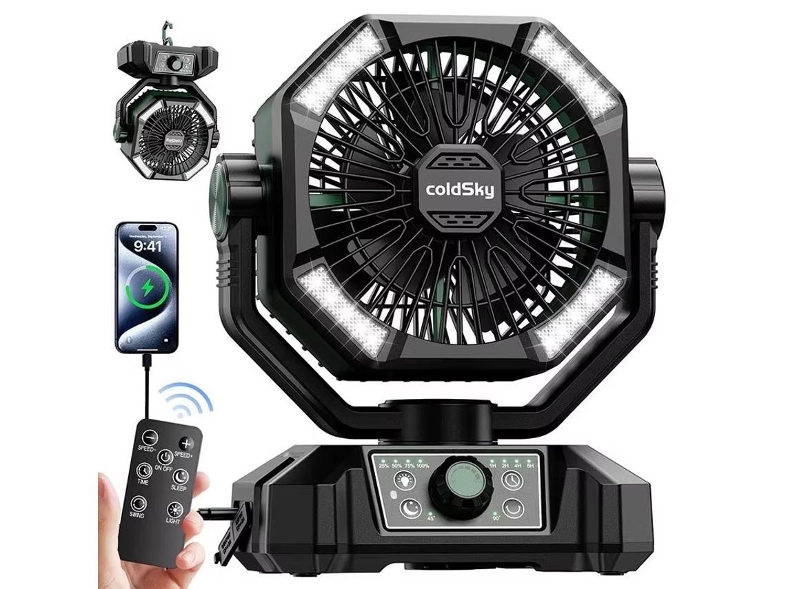 Ventilador Portátil Para Camping Com Luz Led, 8 Velocidades, Bateria De 20000mah E Controle Remoto