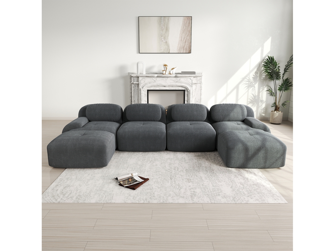 Sofá Modular Cinza, Sem Estrutura, Veludo Cotelê, 32d, Apoios Largos, Pet-friendly. Cs