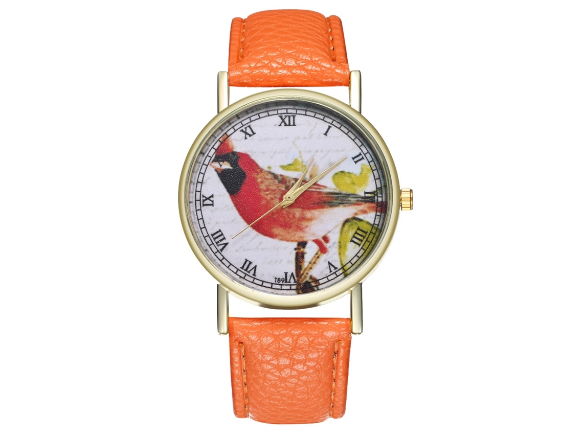 Relógio de Pulso Feminino Clássico Moderno de Quartzo com Pulseira de Couro Pu Laranja