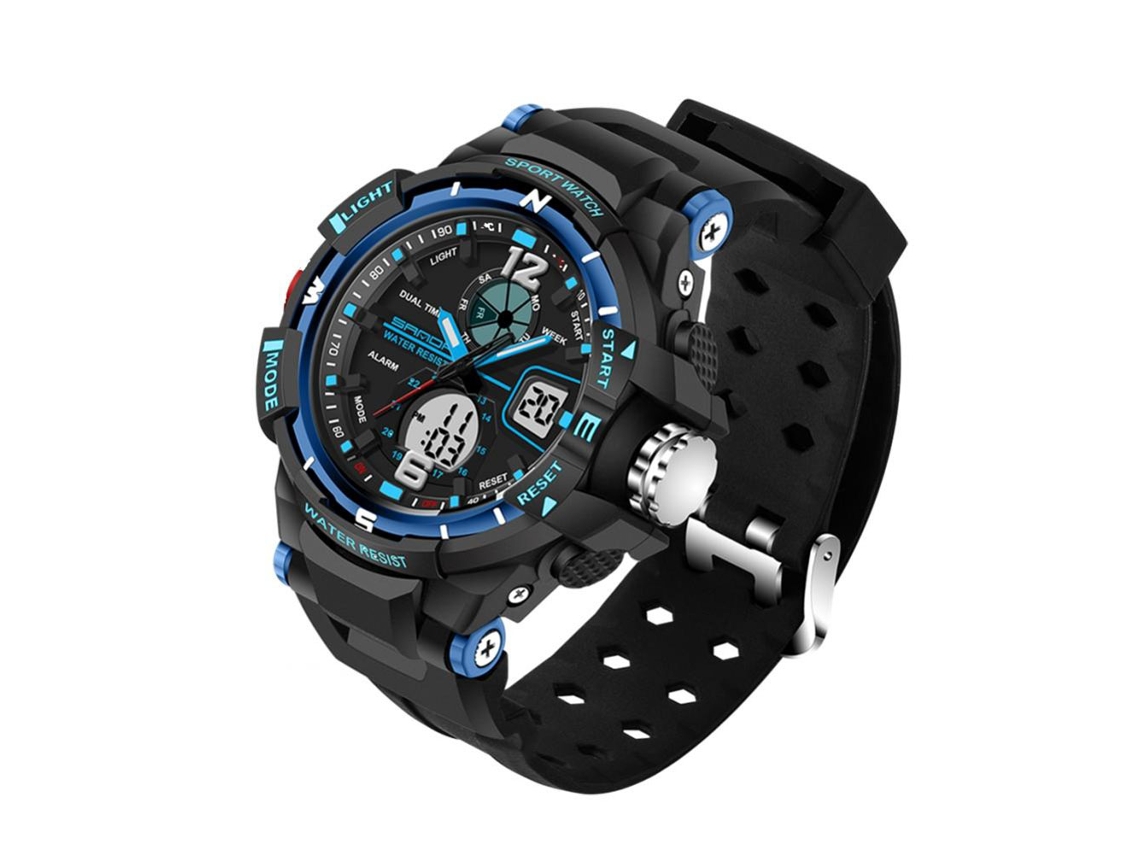 Relógio eletrônico multifuncional à prova d'água Snada com visor duplo (preto e azul, masculino)