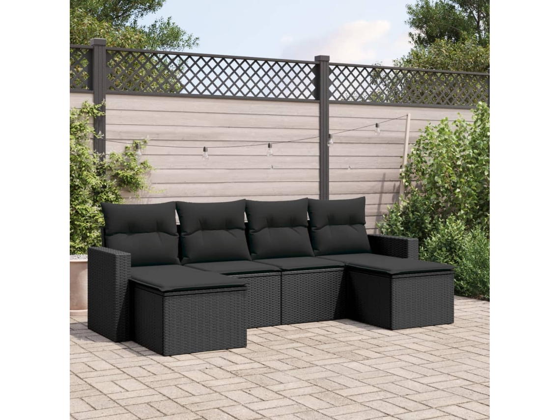 Vidaxl 6 Pcs Conjunto Sofás De Jardim C/ Almofadões Vime Pe Preto
