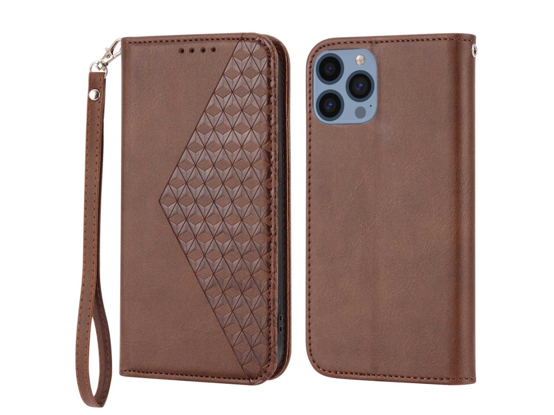 Capa Textura Gémeo Pega Para Iphone 13 Pro Pele Sintética Magnética Castanho