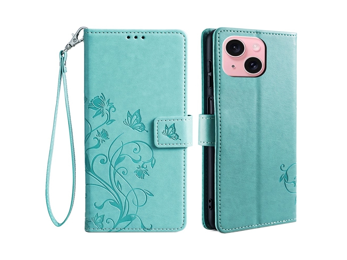 Capa Padrão Flor Borboleta Para Iphone 15 Pele Sintética Multicor
