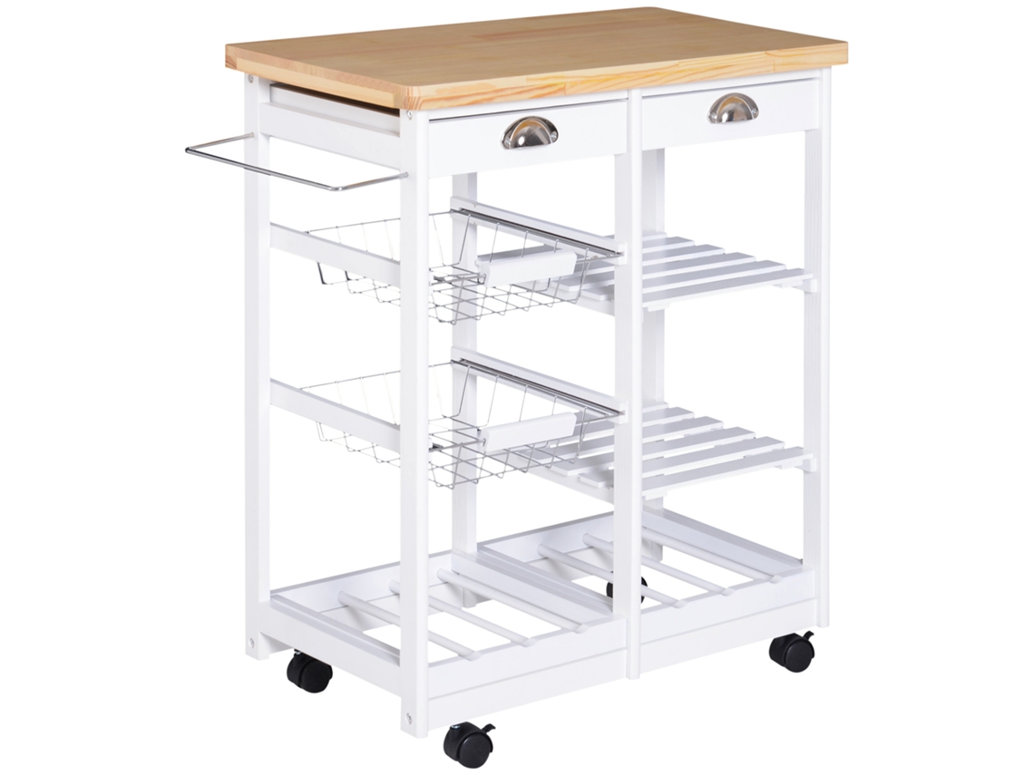 Carrinho de Cozinha Multiuso com 2 Gavetas. 2 Prateleiras e 2 Cestos. em Pine Wood. 74x37x76 Cm. Branco Ge