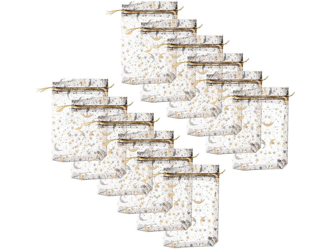 Sacolas De Presente De Organza Preta Com Cordão, Lua E Estrelas Douradas.