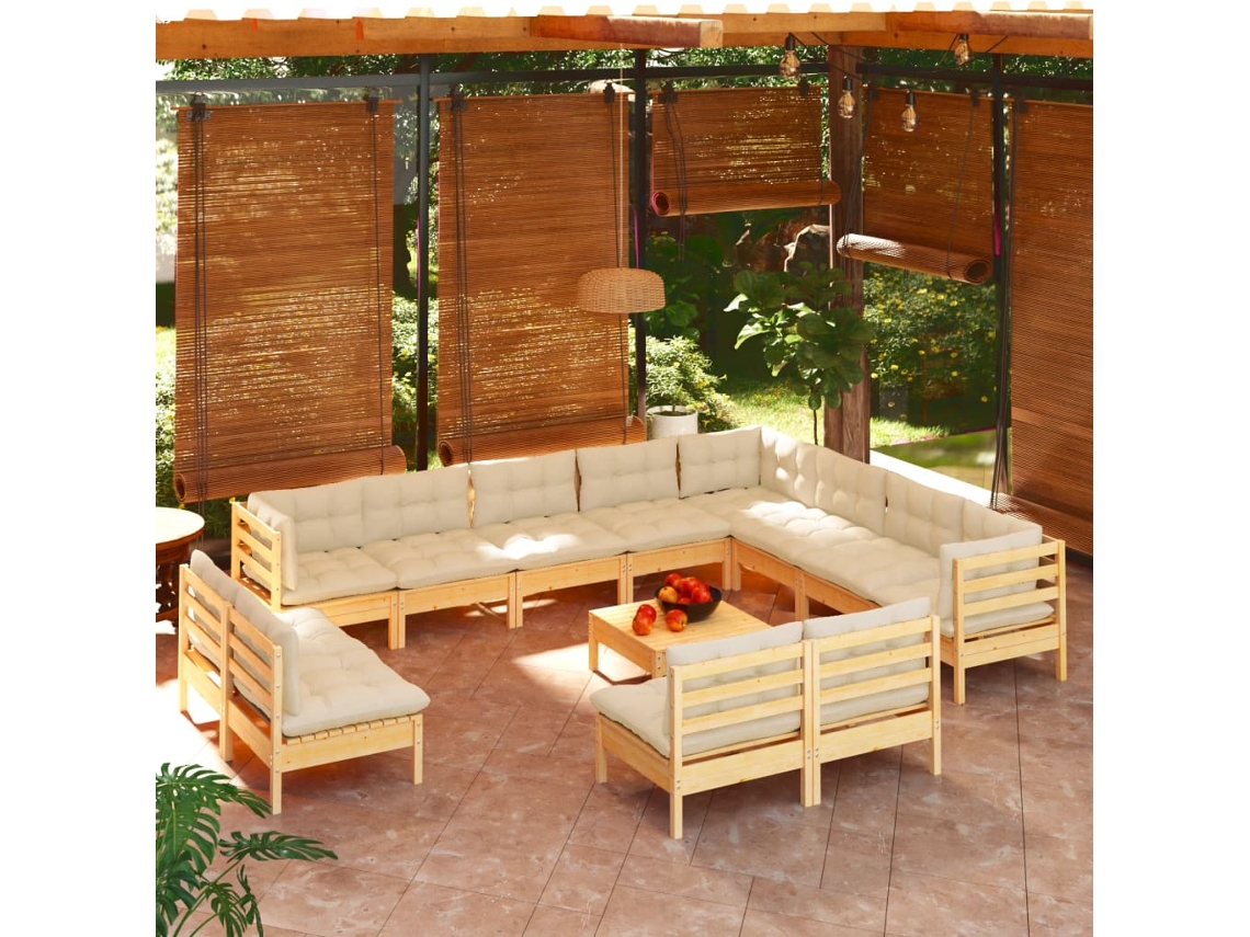 Vidaxl 13 Pcs Conjunto Lounge Jardim C/ Almofadões Creme Pinho Maciço