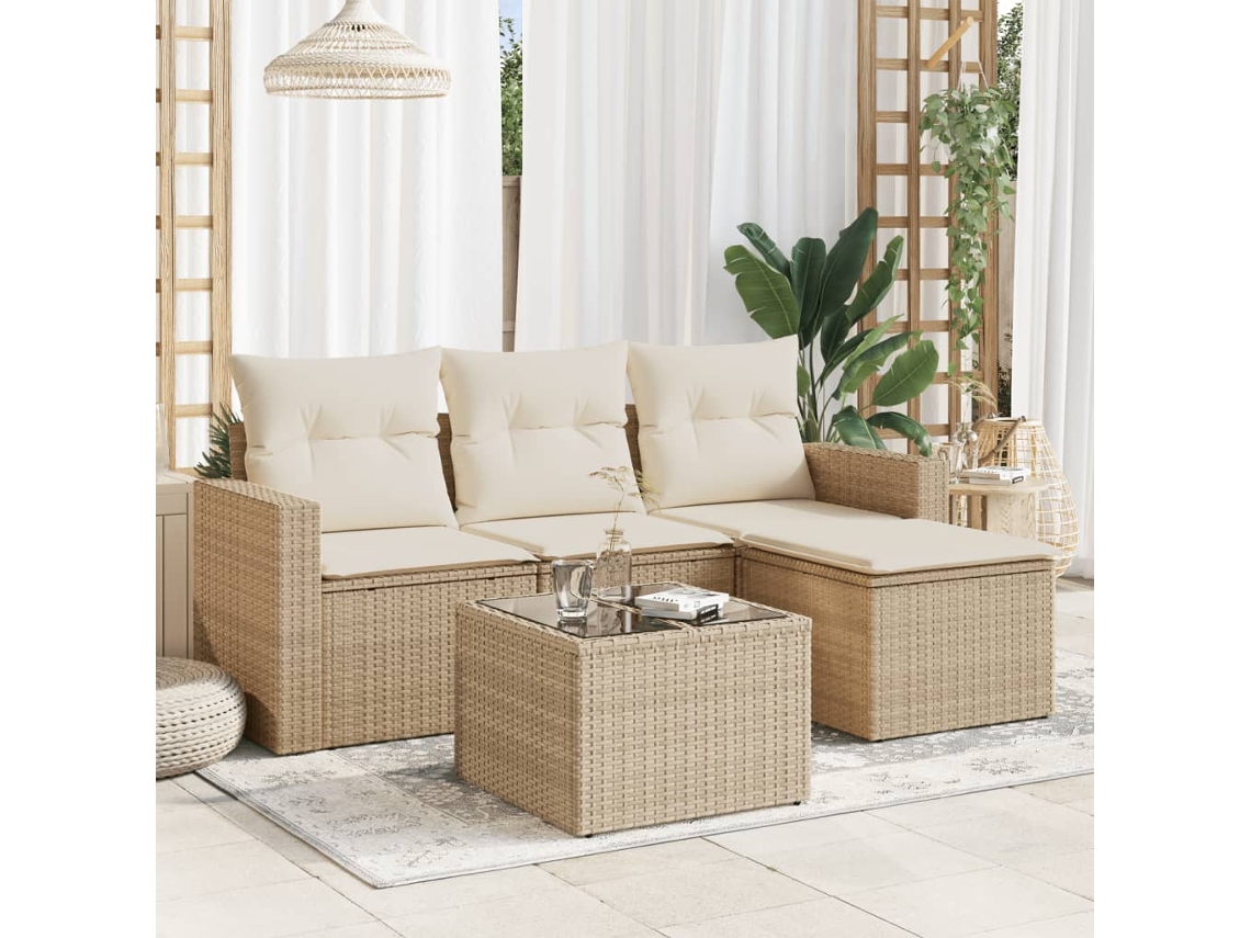 Vidaxl 5 Pcs Conjunto De Sofás P/ Jardim Com Almofadões Vime Pe Bege