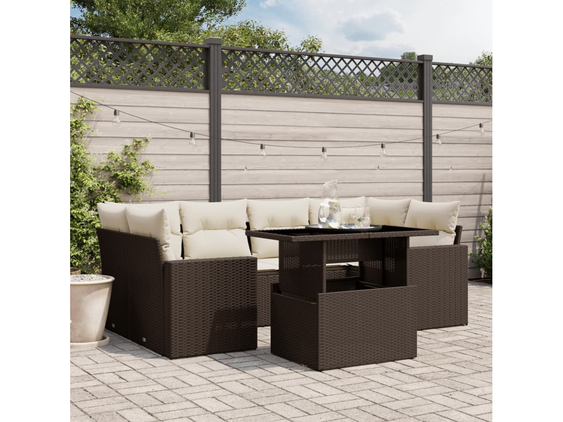 Vidaxl 7 Pcs Conjunto De Sofás Jardim C/ Almofadões Vime Pe Castanho