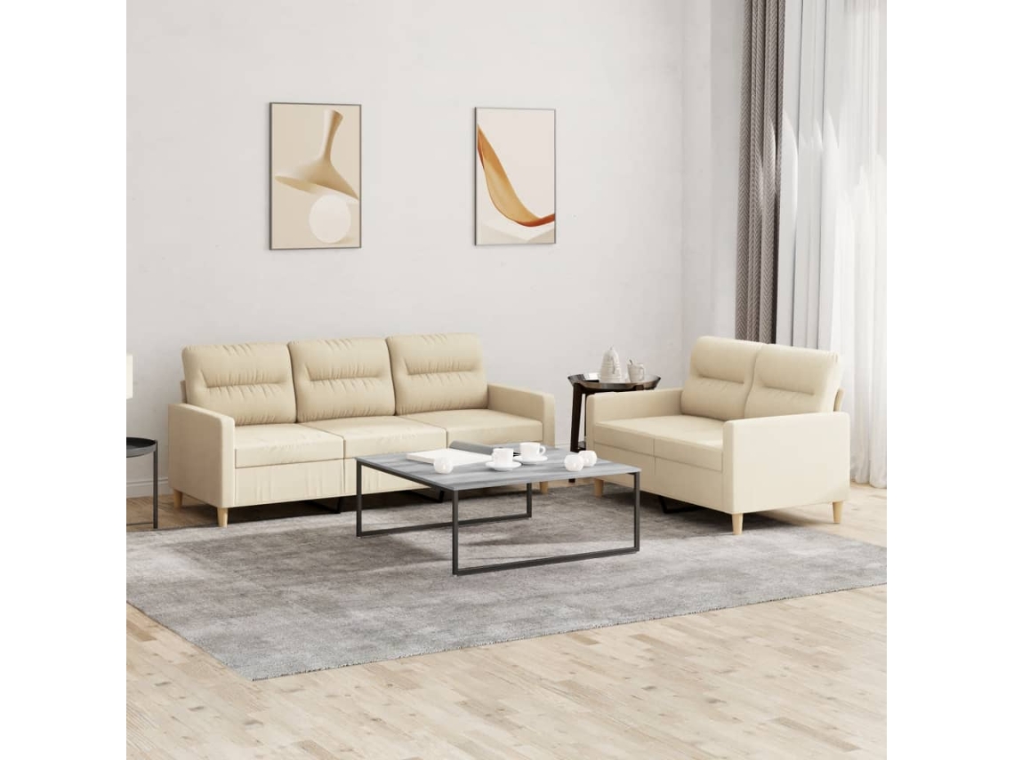 Vidaxl 2 Pcs Conjunto De Sofás Com Almofadões Tecido Cor Creme