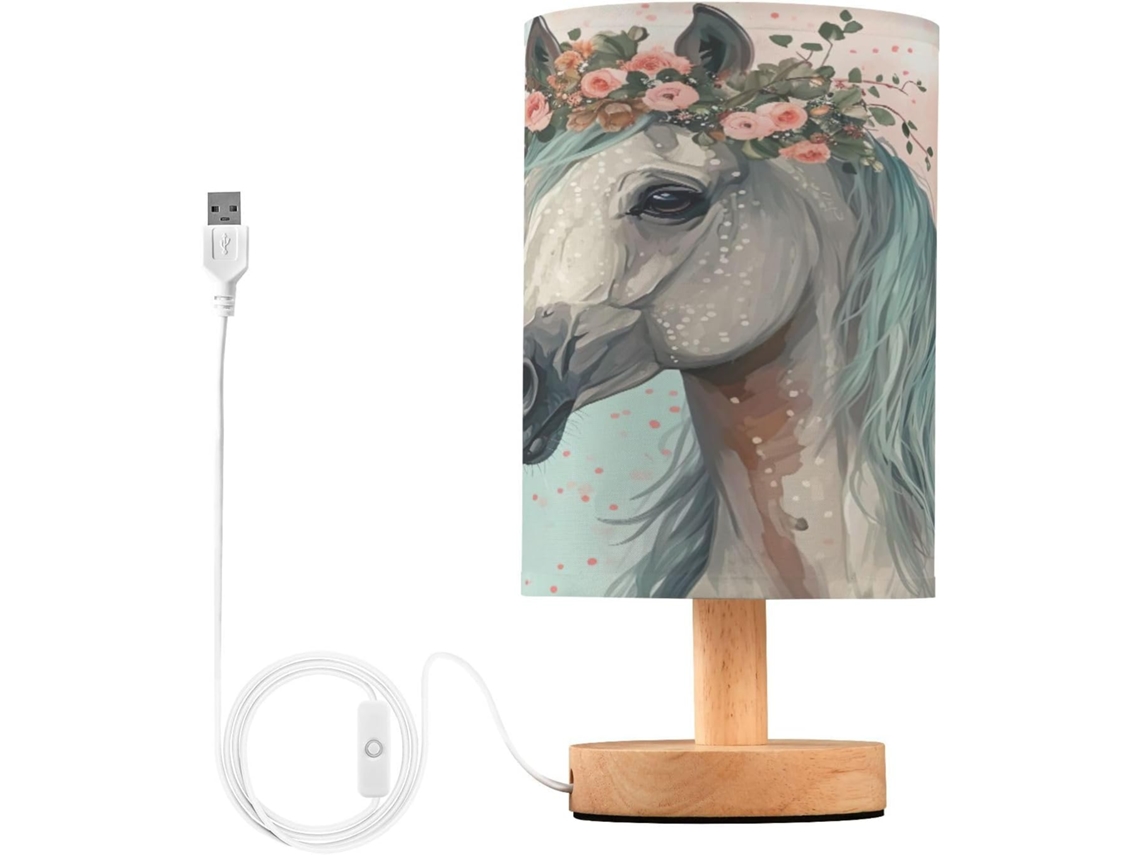 Luminária De Mesa Em Formato Cavalo Skyshu Pequena Led Usb Com Base Madeira Antiderrapante E Cúpula Que Não Agride Os