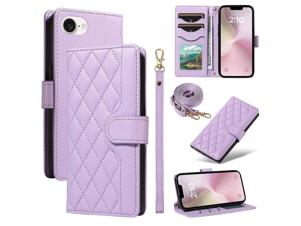 Capa Tipo Carteira Em Couro Com Losangos Para Iphone 16e - Roxo Claro