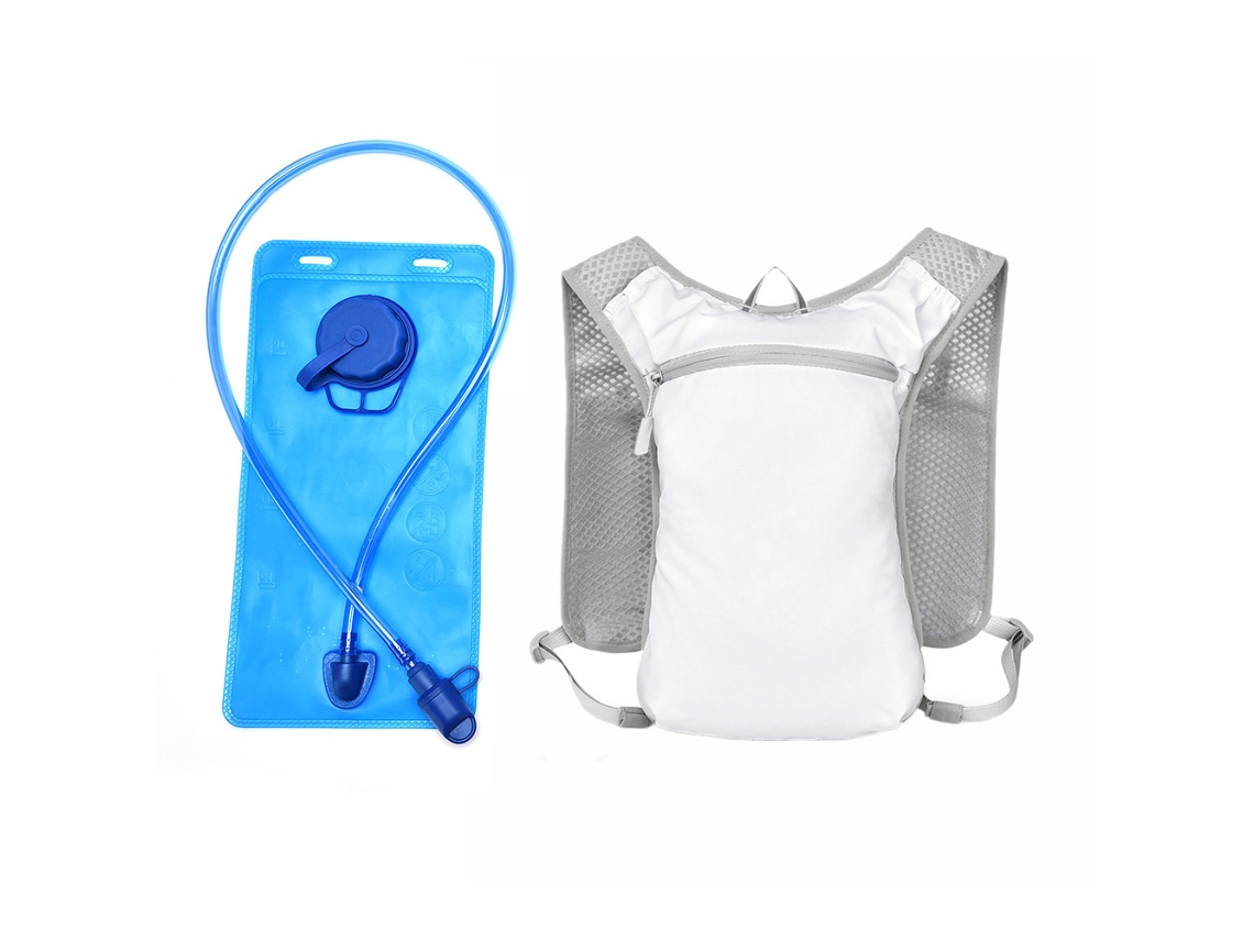 Mochila esportiva (Branca com Reserva de Hidratação) para atividades ao ar livre, ideal para triciclos, ciclismo e corrida.