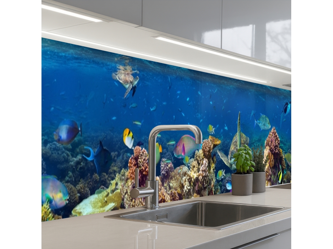 Painéis Antissalpicos De Cozinha Paisagem Subaquática - Peixe - Tartaruga - Azul 450x60 Cm