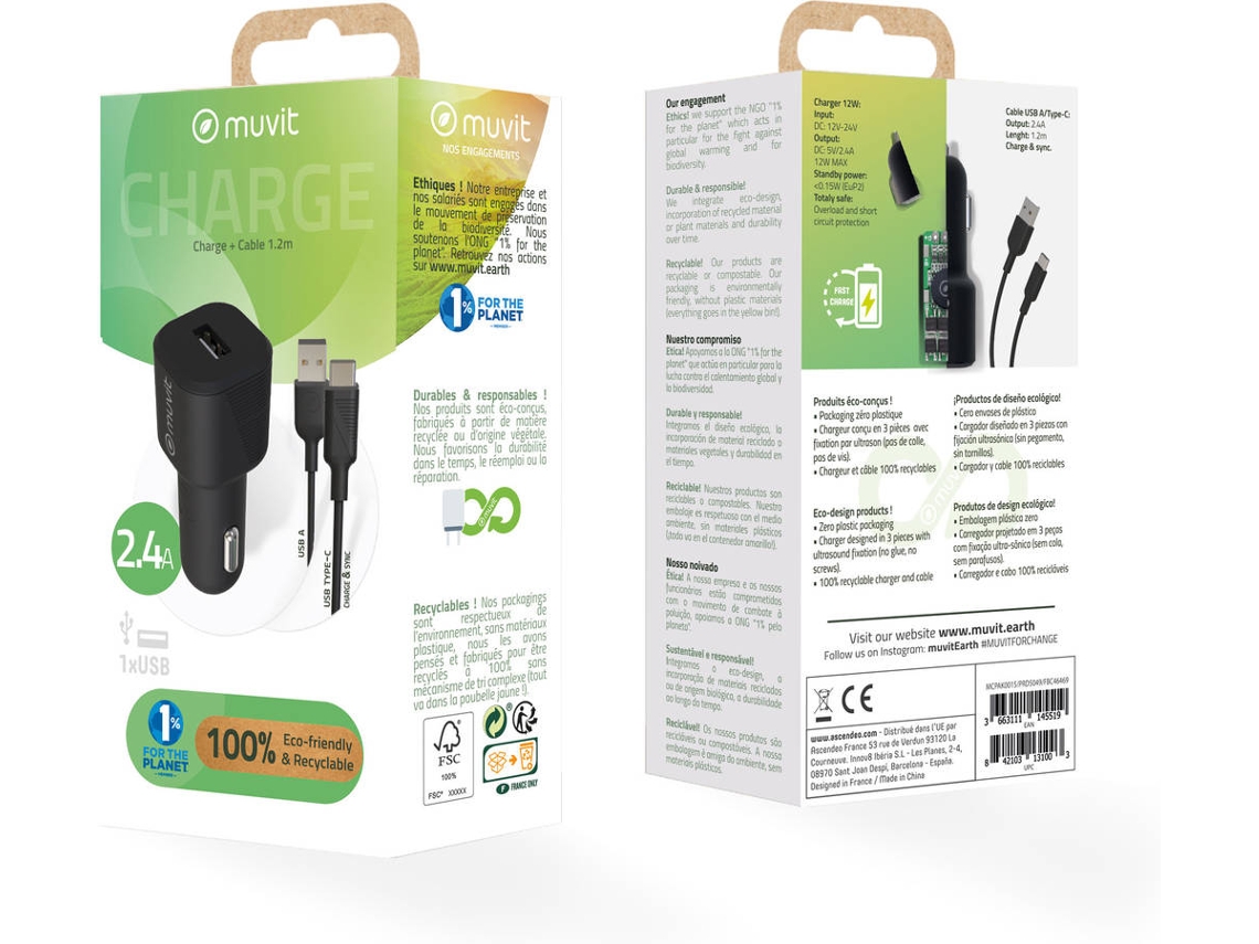 Carregador Auto MUVIT MCPAK0015 Preto