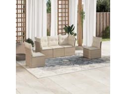 Vidaxl 5 Pcs Conjunto De Sofás P/ Jardim Com Almofadões Vime Pe Bege