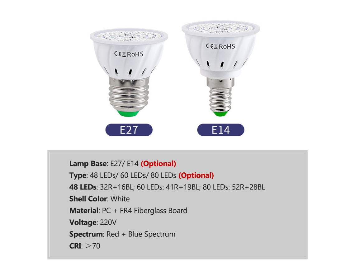Lâmpada LED de Crescimento E14 para Plantas Internas Espectro Vermelho e Azul | S/MARCA