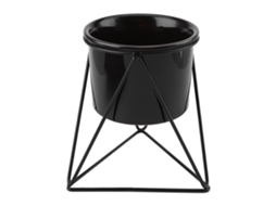 Vaso de cerâmica com suporte geométrico triangular em metal preto.