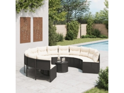 Vidaxl Sofá De Jardim Com Mesa E Almofadões Redondo Vime Pe Preto