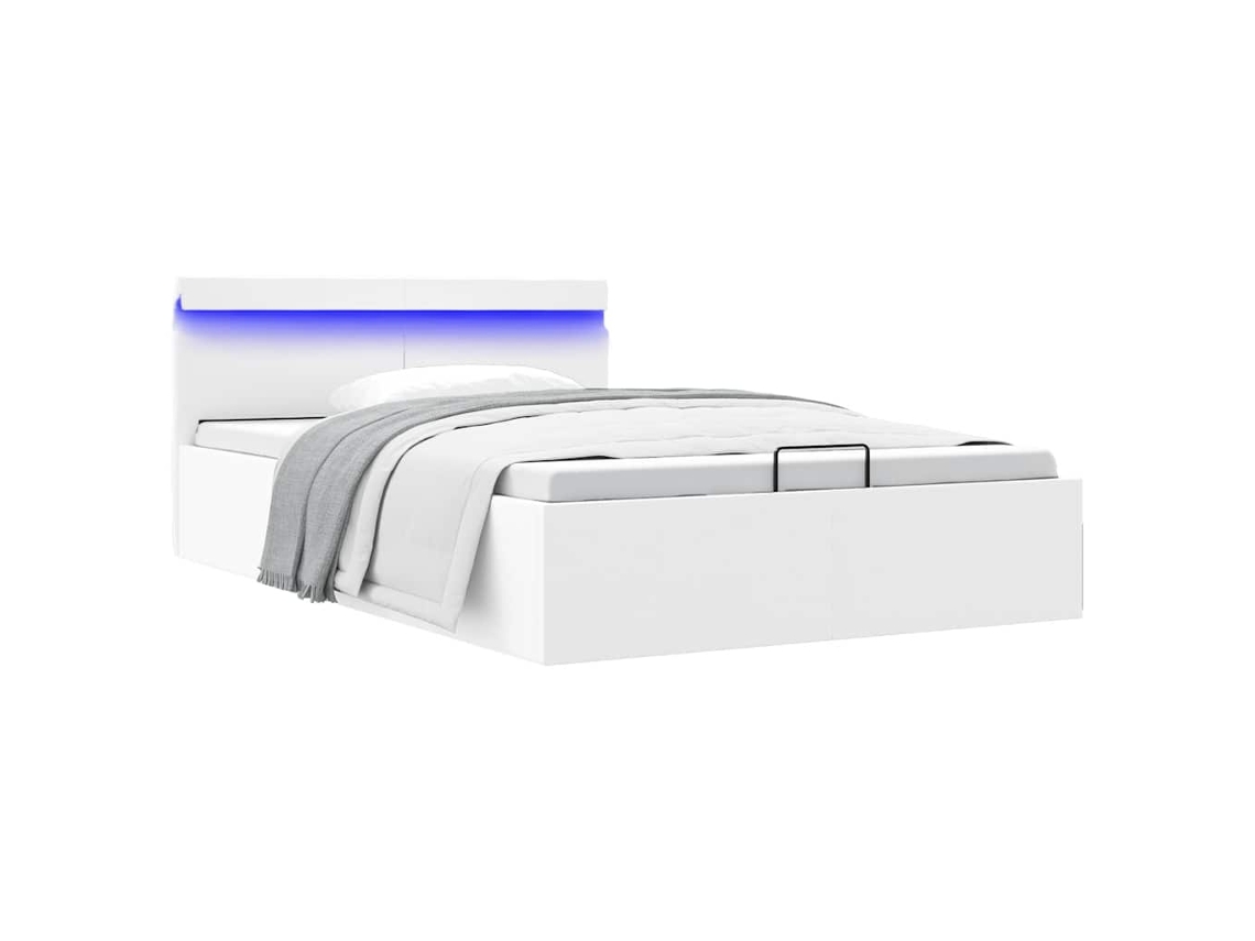 Vidaxl Cama Hidráulica Led C/ Arrumação 140x200cm Couro Artifi. Branco