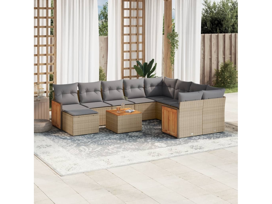 Vidaxl 11 Pcs Conjunto Sofás De Jardim C/ Almofadões Vime Pe Bege