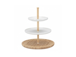 Etagère Relaxdays Bambu E Cerâmica, 3 Andares, Prato, 30 X 36 Cm, Para Bolachas, Fruta E Petiscos, Branco Natural