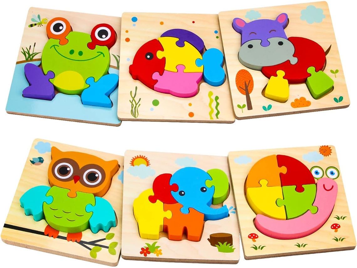 Quebra Cabeça Montessori De Madeira Com Animais, Brinquedo Educativo Infantil Com 6 Animais. Gertiz