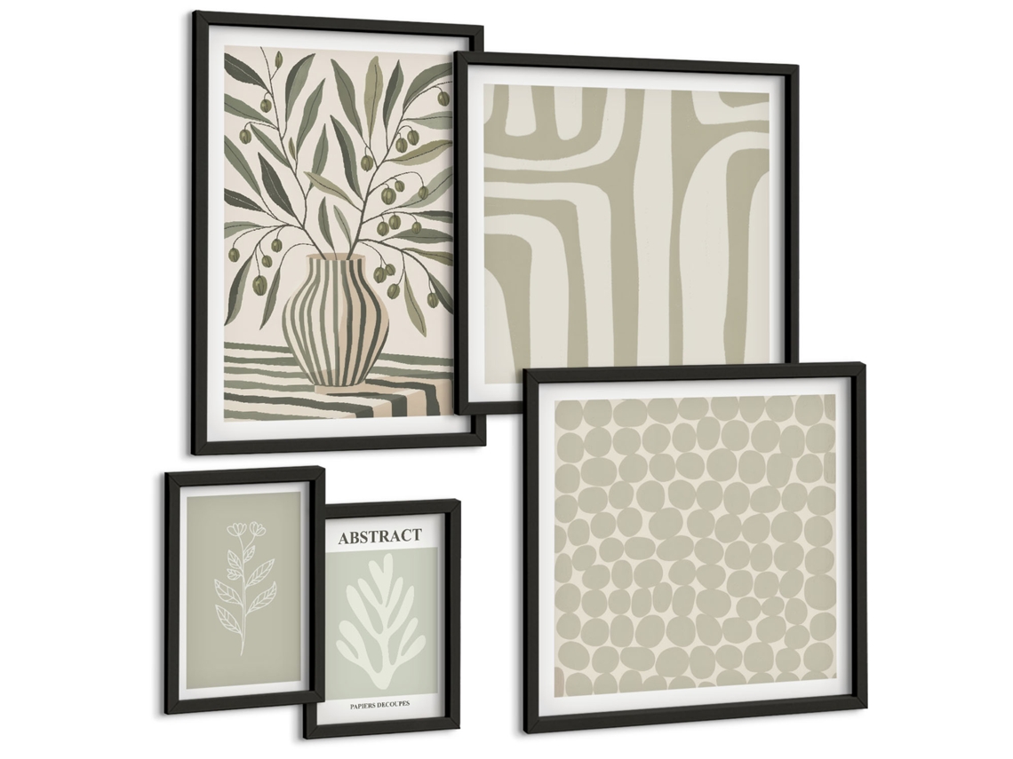Pinturas Murais Modernas Folhas Verdes Plantas Tropicais Moldura Preta Quadros Para A Sala De Estar Espelharte (conjunto De 5 Imagens)