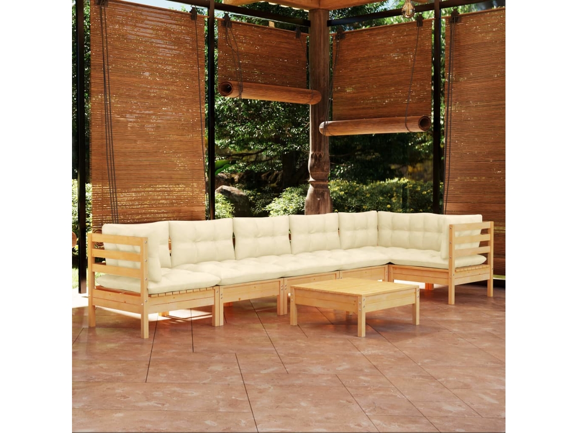 Vidaxl 7 Pcs Conjunto Lounge De Jardim C/ Almofadões Cor Creme Pinho