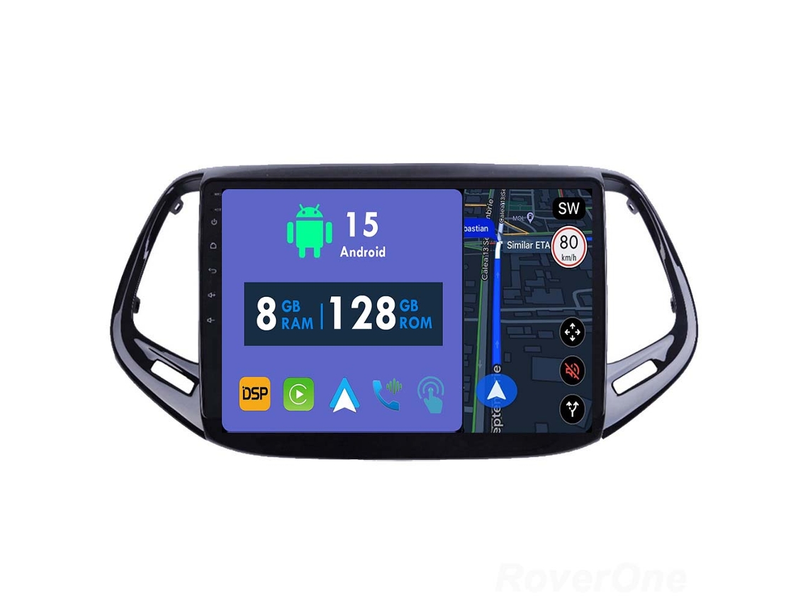 Auto Rádio Carro Bluetooth Autoradio 8GB RAM 128G ROM CarPlay Navegação GPS Ecrã Táctil RoverOne para Jeep Compass 2 MP 2016-2018  