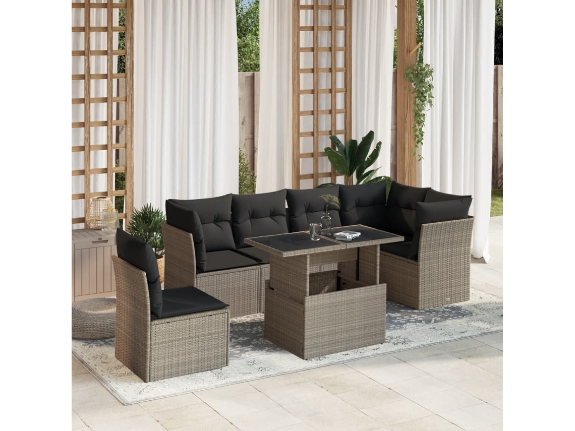 Vidaxl 7 Pcs Conj. Sofás Jardim Com Almofadões Vime Pe Cinzento-claro