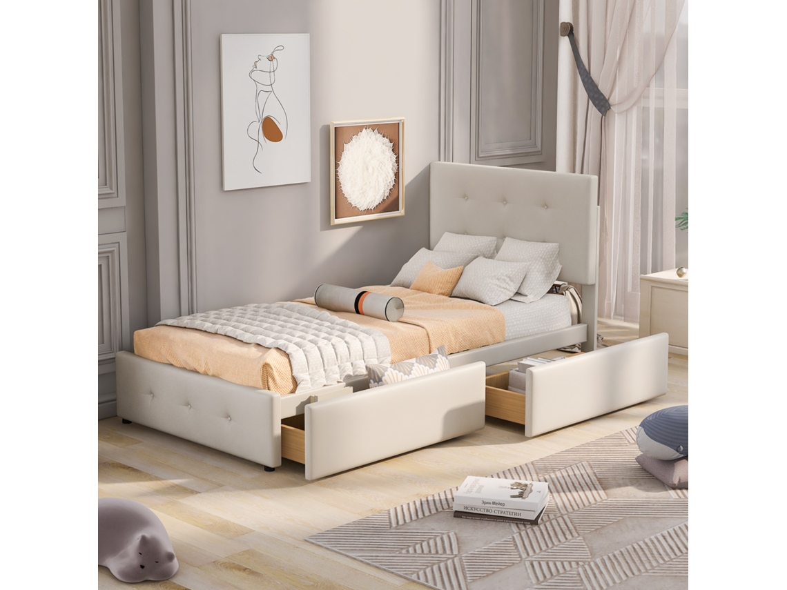 Cama 90x200 Veludo Bege Com Ripas E Gavetas Juvenil Hóspedes