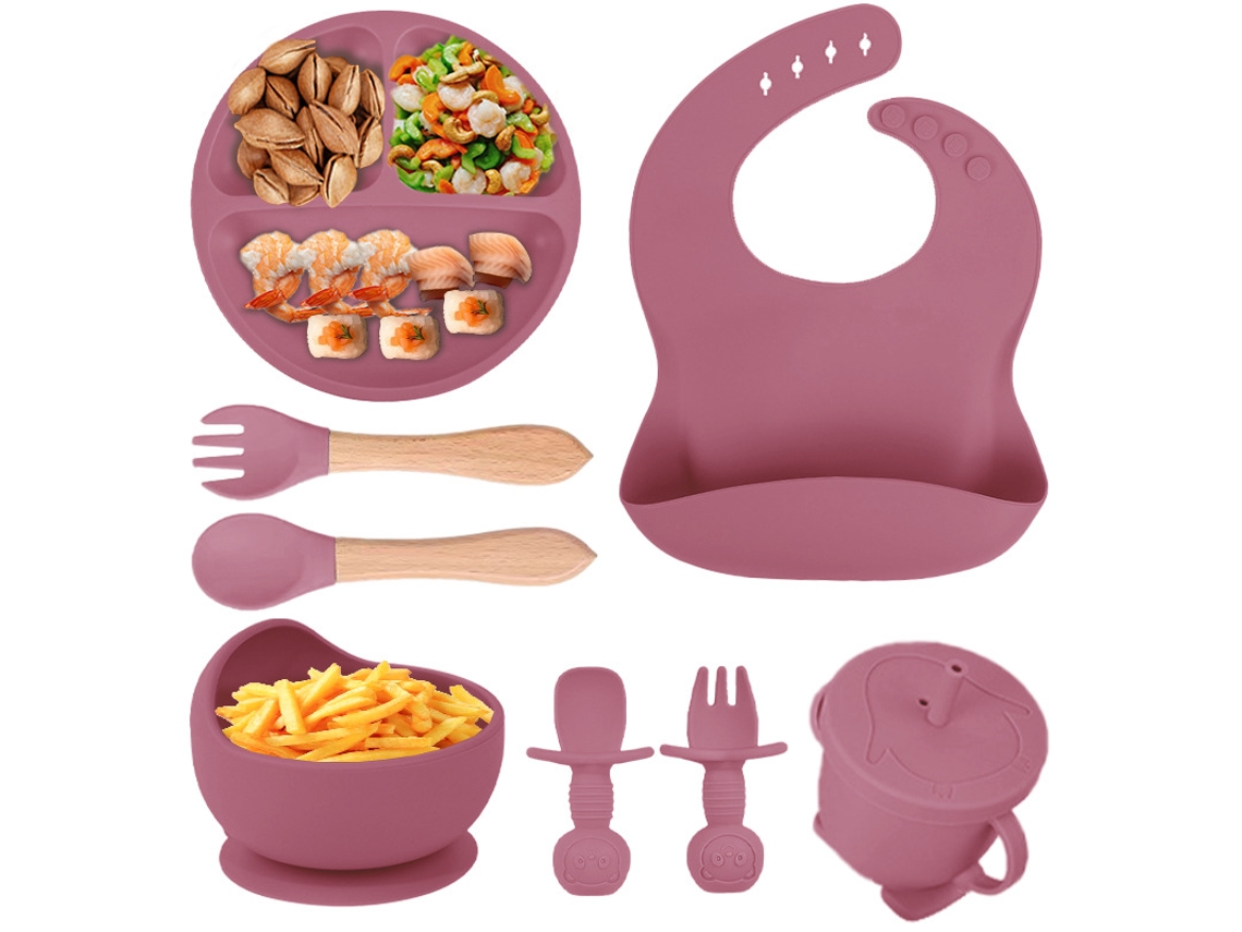Conjunto de Alimentação para Bebê em Silicone, 8 Peças, Incluindo Ventosa, Tigela, Babador, Colher, Garfo e Copo com Canudo Vermelho PANOONA