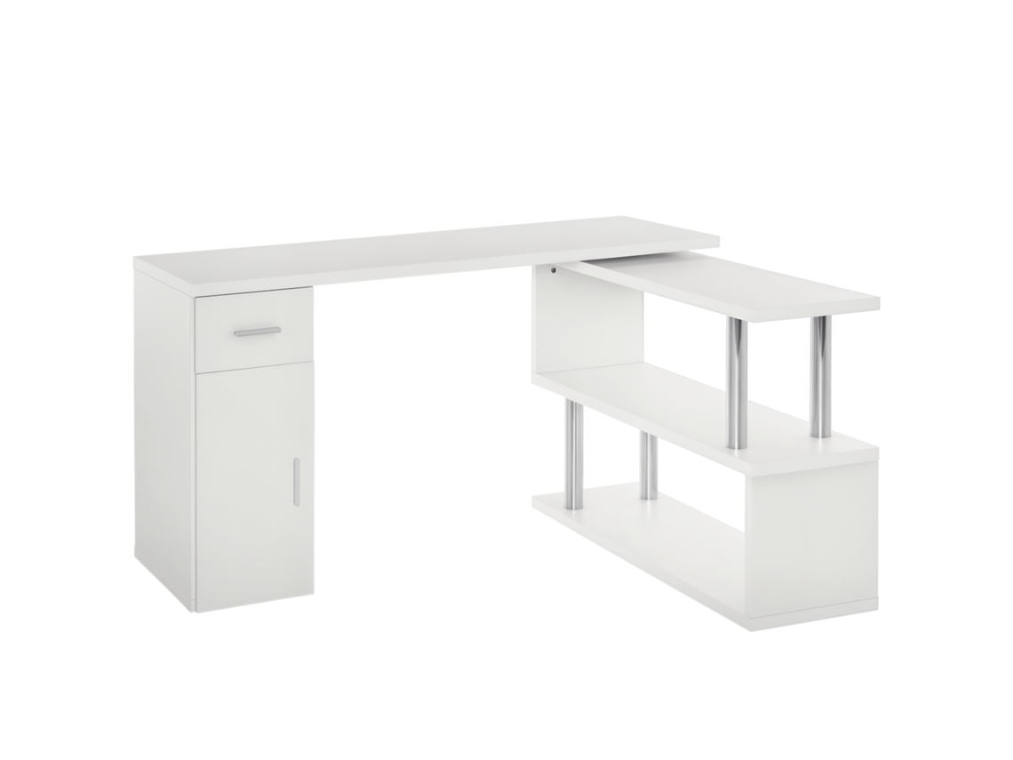 Mesa angular moderna S/MARCA em madeira com gaveta, armário e prateleiras, para escritório ou casa, branco
