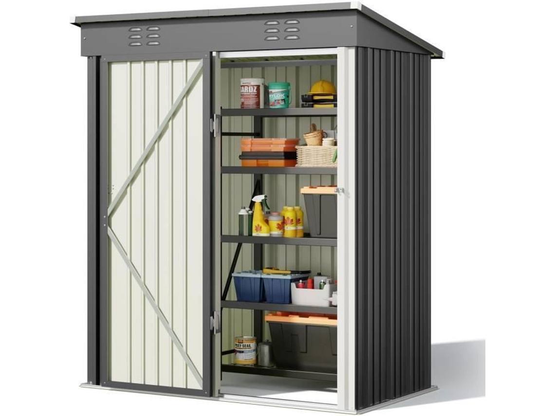 Abrigo de jardim metálico - Aço galvanizado - Cinzento - Porta com fechadura - 162x94x182 cm