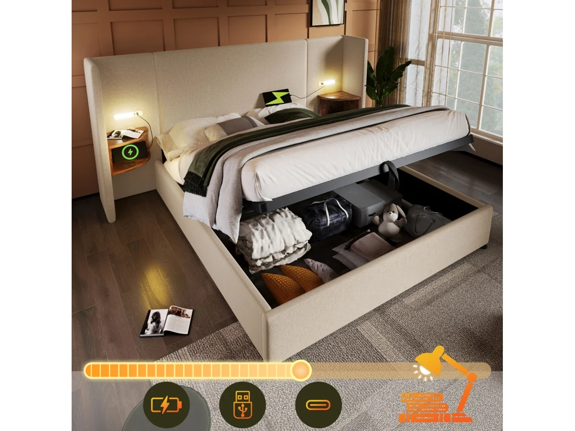 Cama de casal 160x200 Cm com mesas de cabeceira, Led Usb, estrutura em madeira/metal bege VSOGA