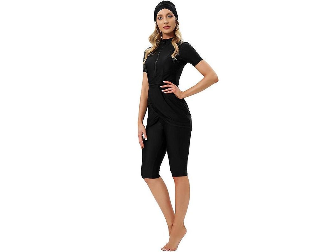 2026 traje de Banho Muçulmano Modesto Crop Curto 2023 Mulher Burkini Cremallera Frontal Ruy M Negro