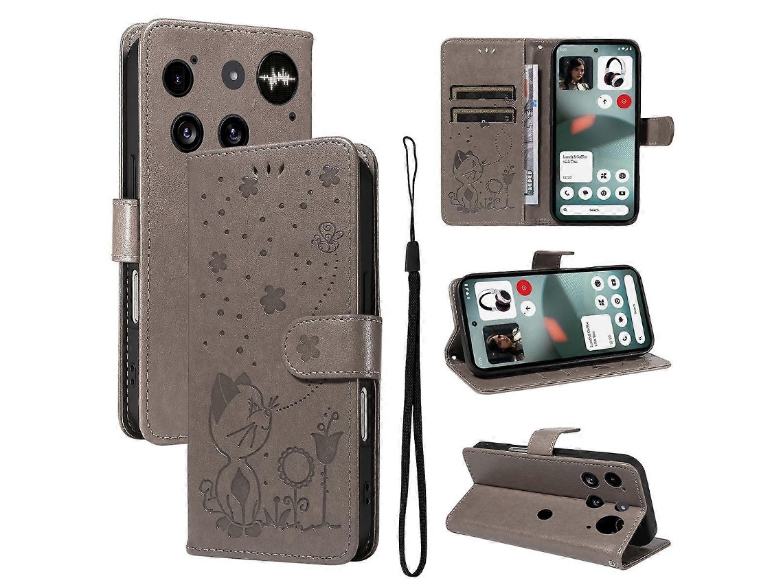 Capa De Couro Com Aba E Estampa De Gato E Abelha Para Celular Nothing Phone 3