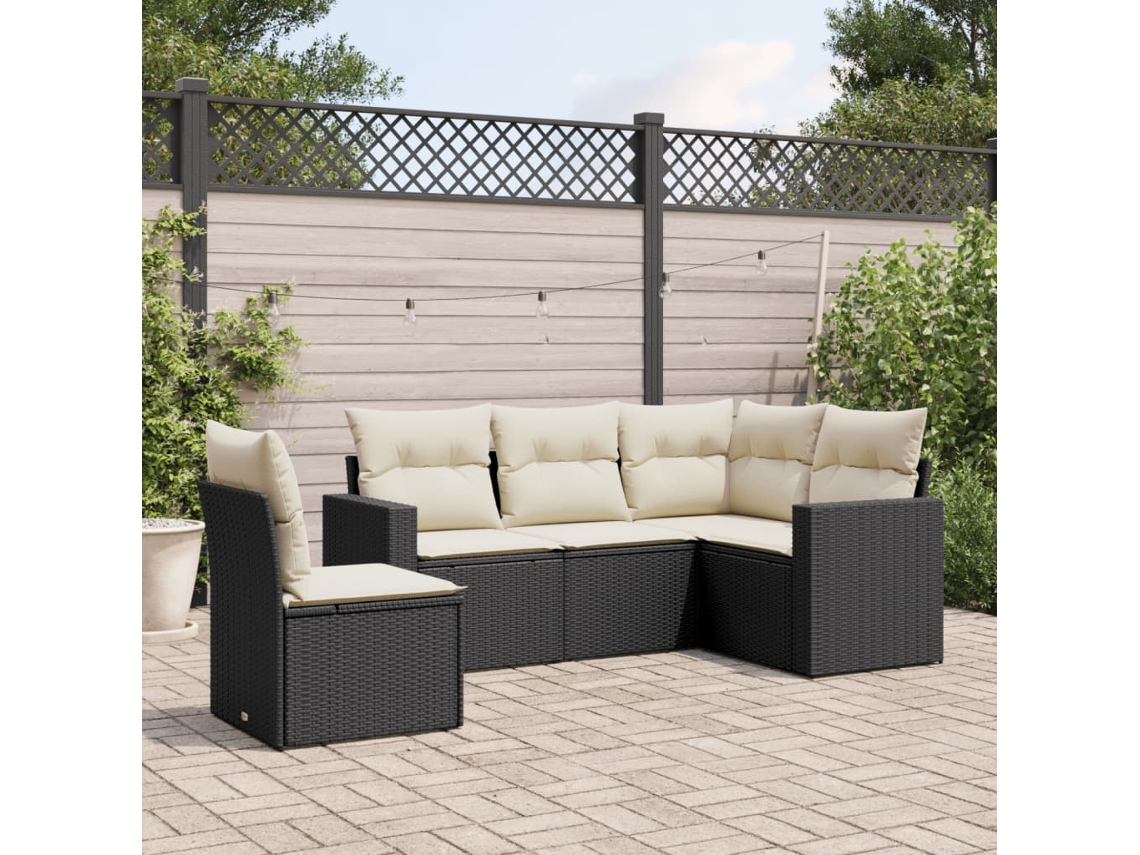 Vidaxl 5 Pcs Conjunto Sofás De Jardim Com Almofadões Vime Pe Preto