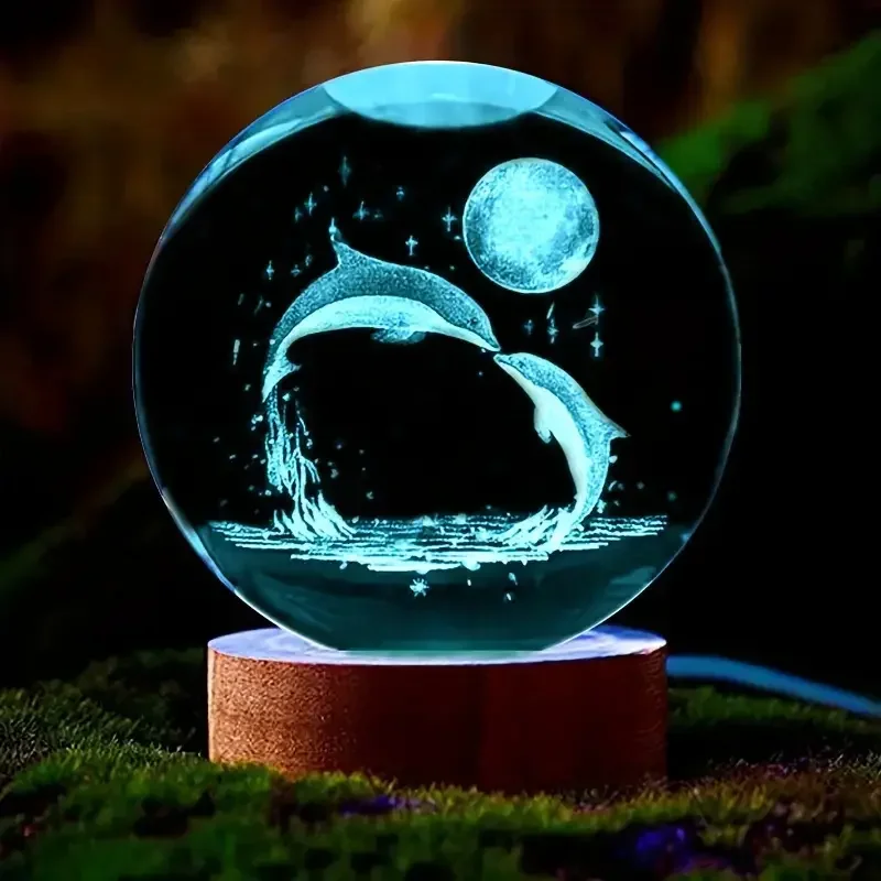 Bola de Cristal 3d de 6 Cm com Golfinho e Lua MDUG (luzes Coloridas)