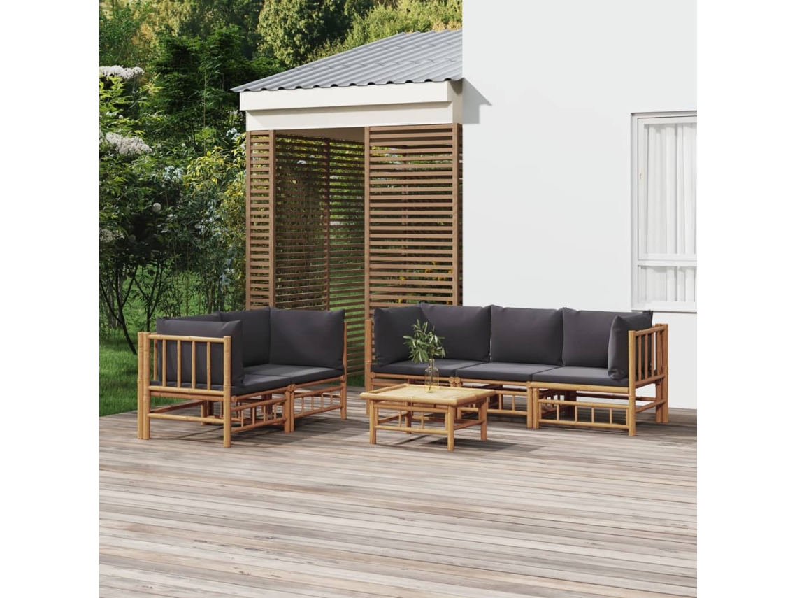 Vidaxl 6 Pcs Conjunto Lounge Jardim Bambu C/ Almofadões Cinza-escuro