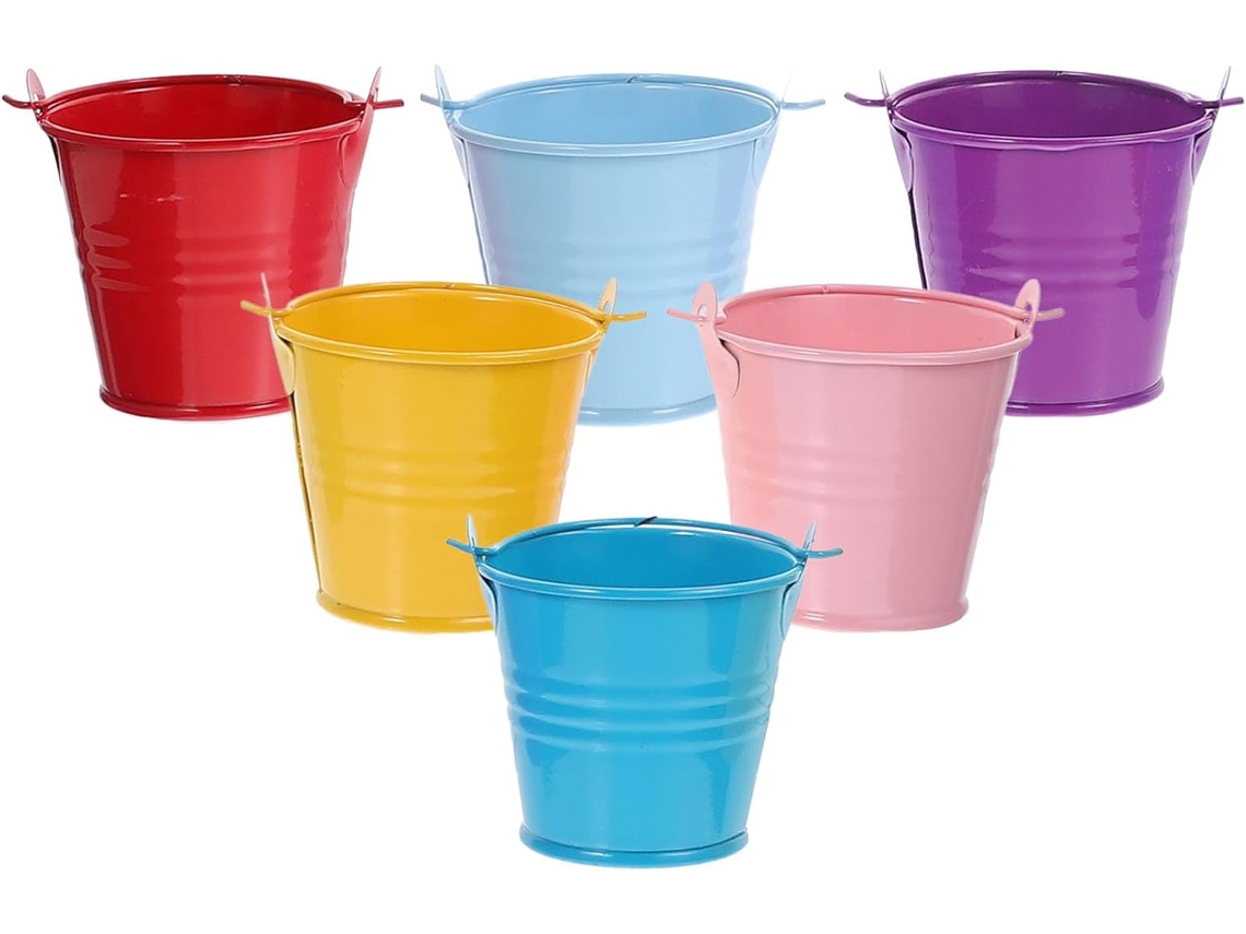 Conjunto De 6 Mini Baldes De Ferro Coloridos De 225 Ml Com Alça.