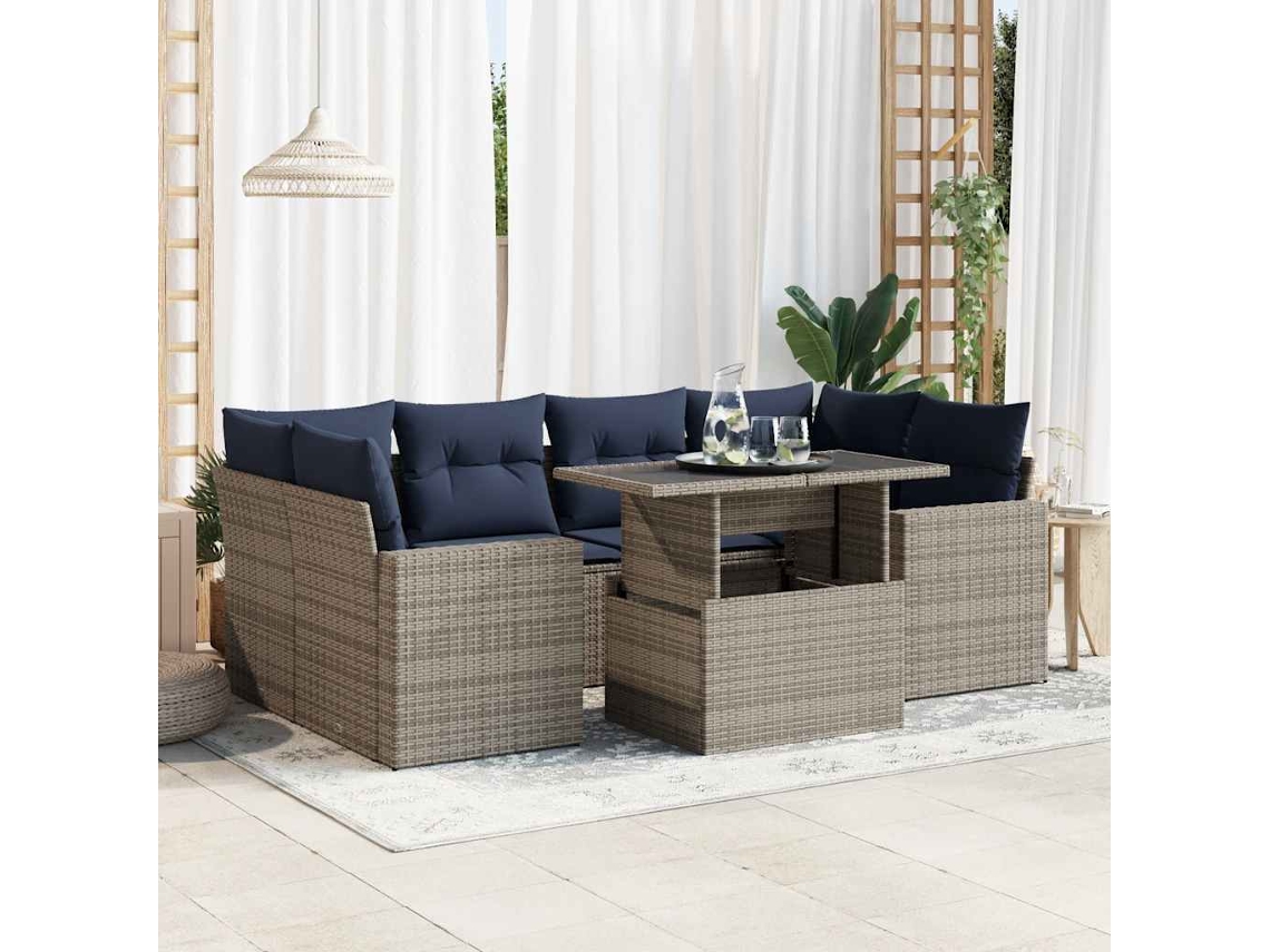 Vidaxl 7 Pcs Conjunto Sofás Jardim Almofadões Vime Pe/acácia Cinzento