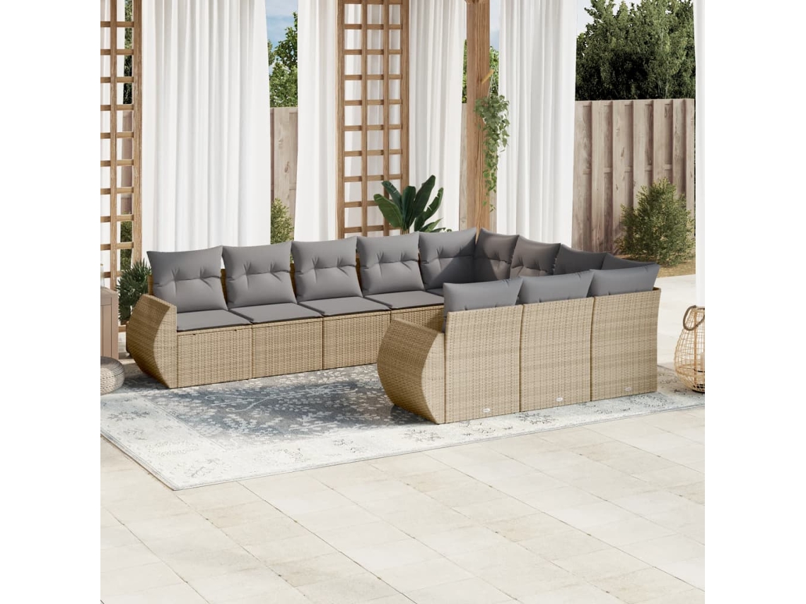 Vidaxl 10 Pcs Conjunto De Sofás P/ Jardim Com Almofadões Vime Pe Bege
